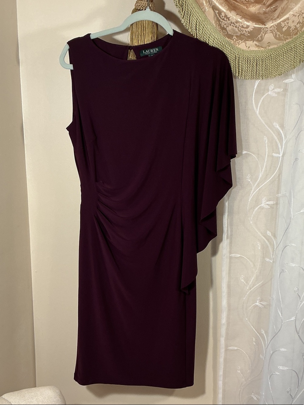 Lauren Ralph Lauren One-Shoulder Draped Pleated Feminine Party Dress Plum Sz 8